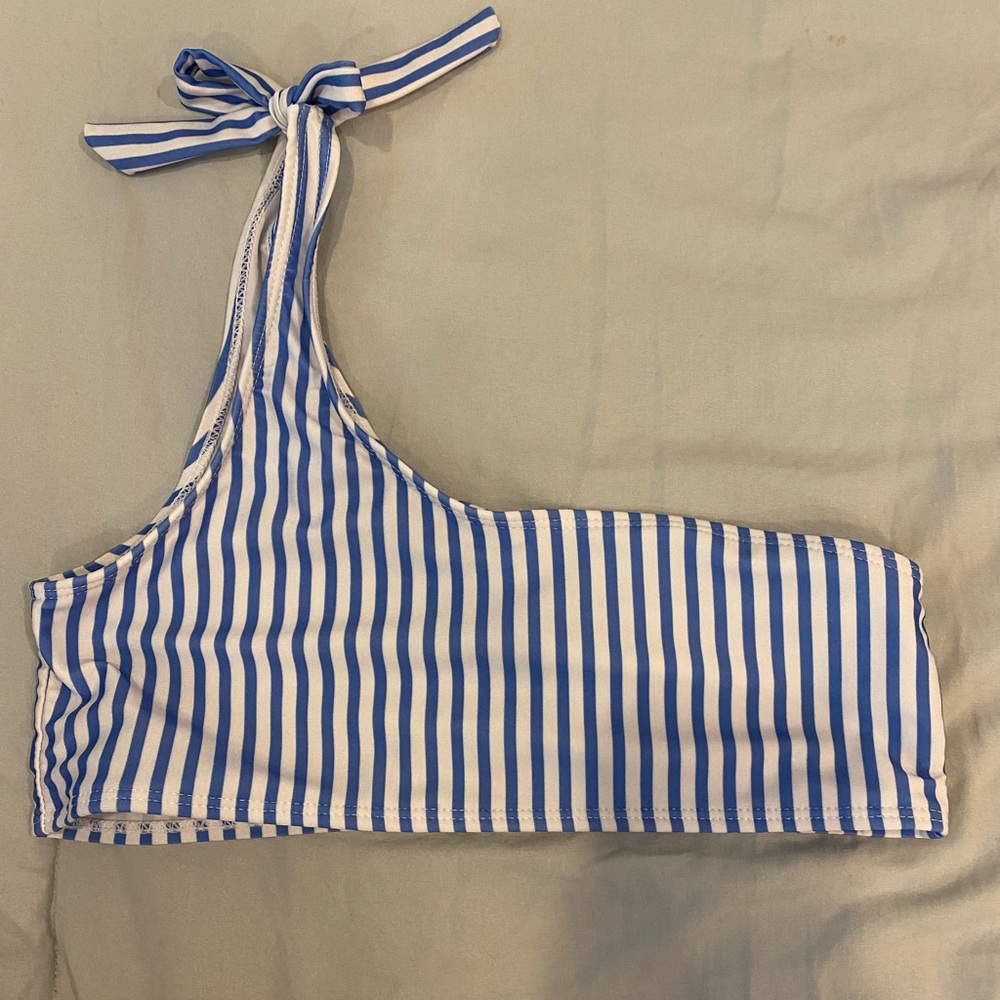 blue striped off the shoulder swimsuit